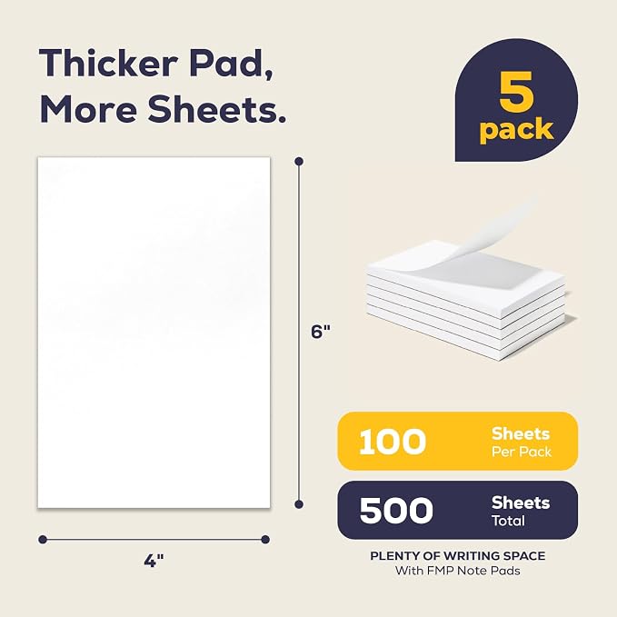 FMP Brands 5 Pack (Total 500 Sheets) Note Pads 4x6, 100 Sheets Per Memo Pad, Server Note Pads, White Waitress Small Notepad, Writing Scratch Paper, Pads of Paper, To Do List Memo & Scratch Server Accessories