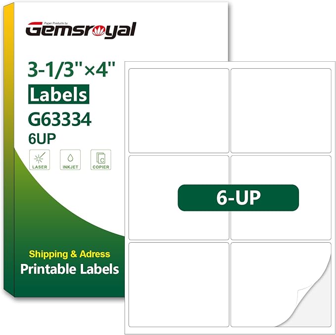 3-1/3”×4” Address Labels Printable,3-1/3×4 Matte White Shipping Label Stickers for Laser/Inkjet Printer,Large Moving Sticker Paper,40 Sheets,240 Blank Labels in Total
