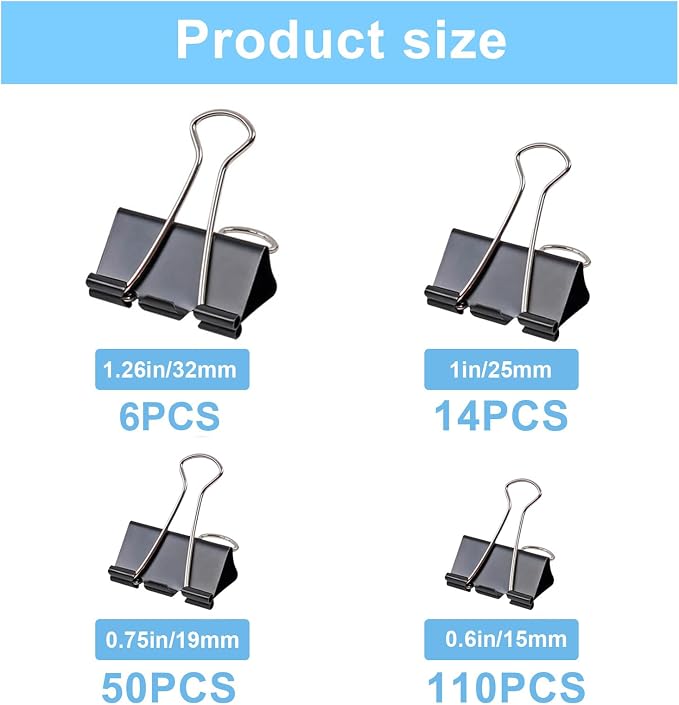 180 Pcs Binder Clips Assorted Sizes, Black Binder Paper Clips Office Clips Office Supplies, 4 Sizes Cute Binder Clips Large Medium Small Paper Clips Paper Clamps for Home School Business (Black)