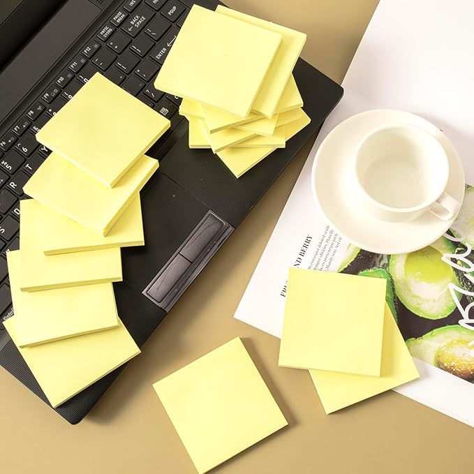 (12 Pads) Sticky Notes 3x3 in Yellow, Strong Adhesive, Clean Removal, Recyclable, Self-Stick Pads, Easy to Post for Home, Office, Notebook