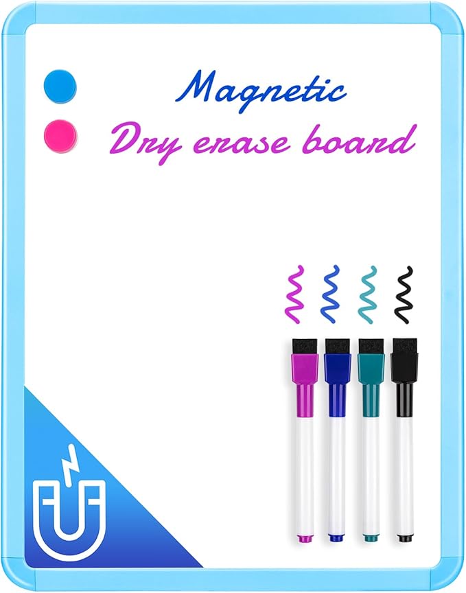 VUSIGN Magnetic Dry Erase Board, 14 x 11 Inches White Board, Blue | Includes 4 Dry Erase Markers, Small Mini White Board for Students Fridge Wall Locker
