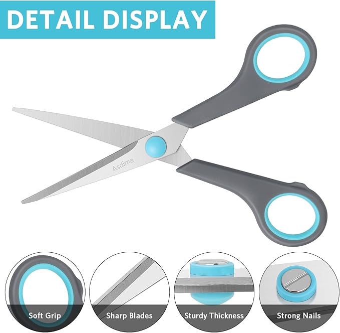 6.4" Scissors, Stainless Steel Blades, Soft Grip Handle, Suitable for Households,Offices and Schools, All Purpose, Blue/Grey