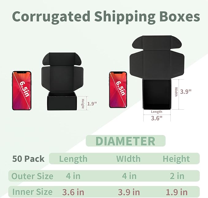 Rempry 50 Pack 4x4x2 Black Shipping Boxes, Small Cardboard Mailer Boxes for Small Business Shipping Packaging