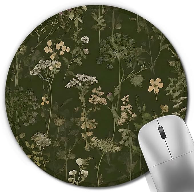Dark Green Plant Round Mouse Pad, Rustic Spring Cottagecore Meadow Wildflower Botanical Mousepad Mat for Home Office Computer Laptop Desk Accessories 7.9x7.9 in