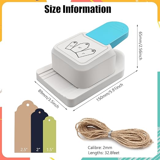 3 in 1 Craft Tag Punch Gift Tag Paper Punch，Paper Craft Tag Punch 1.5" 2" 2.5" with 1 Roll Hemp Rope 32.8 Feet Round Shape Small Hole Punch for Paper Crafting Scrapbooking Cards DIY Arts Crafts