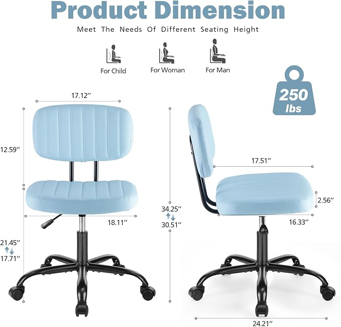 DUMOS Armless Office Chair, Small Home Desk Chair, Lumbar Support | PU Leather Low Back, Height Adjustable, 360 Swivel Wheels, Armless Computer Task Executive, Blue