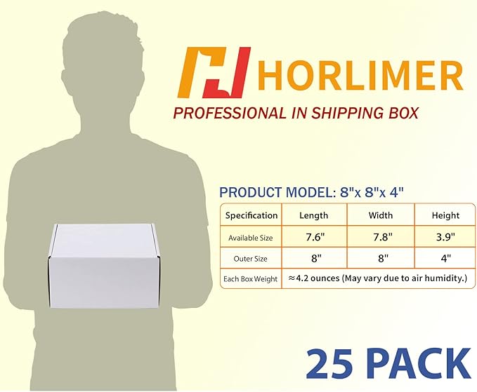 HORLIMER 8x8x4 inches Shipping Boxes Set of 25, White Corrugated Cardboard Box Literature Mailer