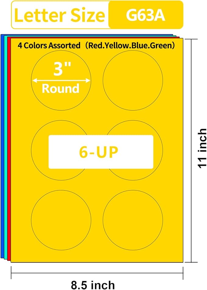 3 inch Colored Round Labels Printable,Neon Circle Labels for Inkjet & Laser Printer,4 Fluorescent Colors Assorted,3" Diameter Colorful Custom Round Stickers,180 Stickers in Total