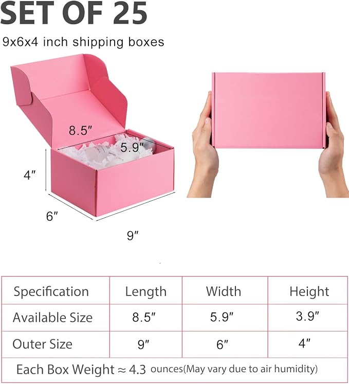 9x6x4 inch Pink Shipping Boxes for Small Business- Set of 25 | Sturdy ECT 32 Corrugated Cardboard Mailer Boxes, Easy Assemble for Packaging, Mailing, Gift