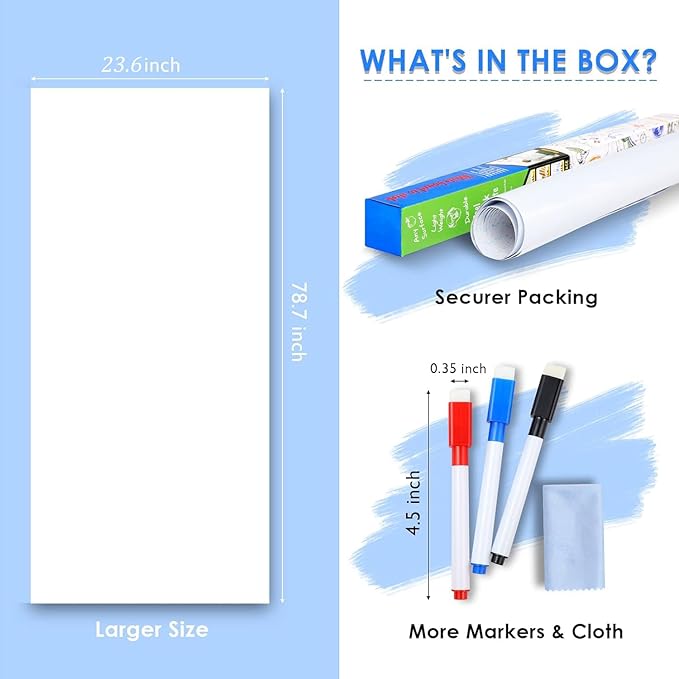 Dry Erase Whiteboard Sticker Wall Decal, Self-Adhesive White Board Peel Stick Paper for School,Office,Home,Kids Drawing with 3 Pen 78.7"x23.6"
