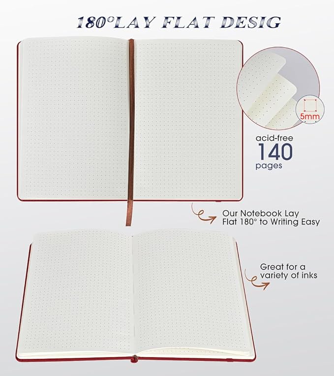 Dotted Journal Notebook for Women Men, 140 Pages Hardcover Dot Grid Notebooks for Work, School & Travel, Leather Journals for Writing, Bullet Journaling 5.7"×8.3" (Winered)