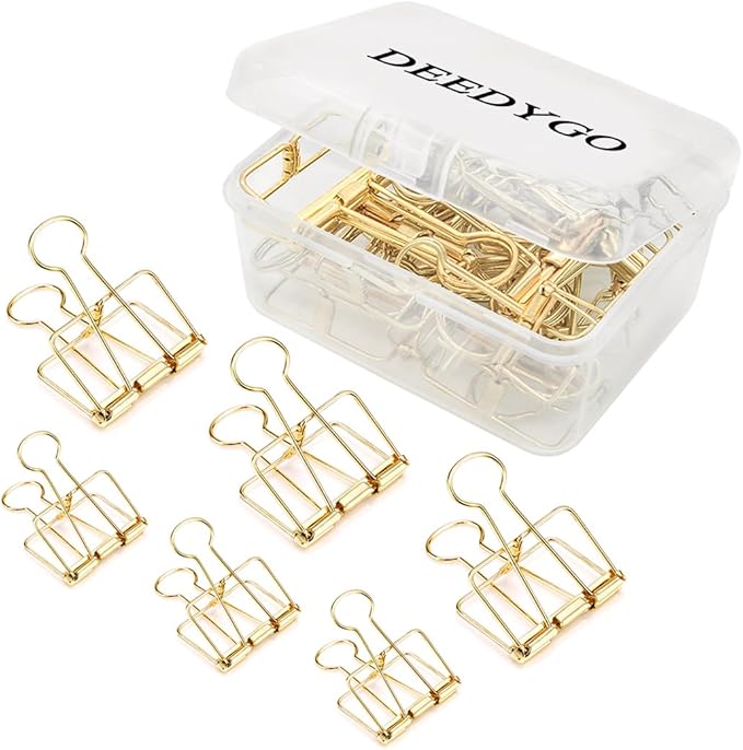DEEDYGO 20 Pieces Gold Wire Binder Clips Assorted Sizes Stainless Steel Hollow Binder Clips Clamps for Paperwork, Sewing, Crafts, Kids, Teacher, Office School Supplies, Food Packages (10 M +10 S)