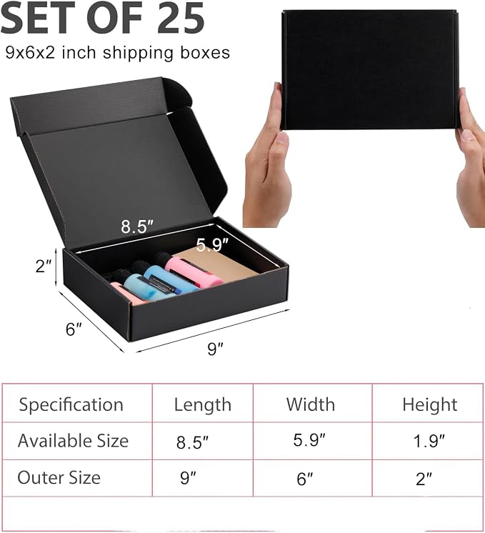 9x6x2 inch Black Shipping Boxes for Small Business- Set of 25 | Sturdy ECT 32 Corrugated Cardboard Mailer Boxes, Easy Assemble for Packaging, Mailing, Gift