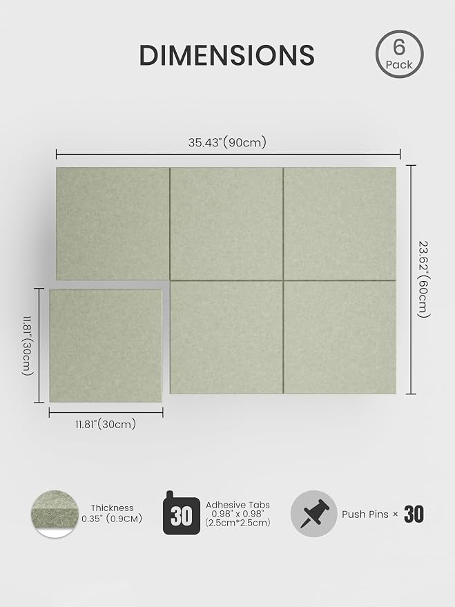 Bumusty 36"x 24" Large Felt Bulletin Board Tiles, Sage | 6-Pack Cork Board Alternative, Wall Decor, 30 Pushpins, 30 Adhesive Tabs, Vision Board, Office, Classroom, Home, Dorm