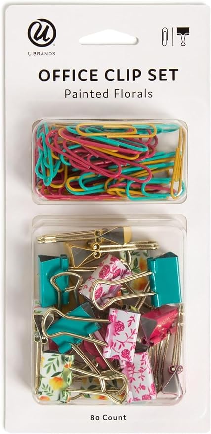 U Brands Office Accessory Kit, Office Supplies, Includes 60 Paper Clips and 20 Small Binder Clips, Painted Florals