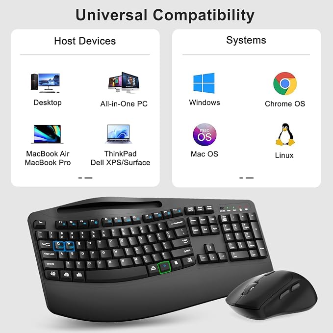 Wireless Keyboard and Mouse Combo, Full Size Ergonomic Wave Keys(Black) | 2.4G Ergonomic Keyboard with Wrist Rest, Phone Holder, 3-Level DPI Silent Mouse with 6-Buttons, for Windows/Mac OS/Laptop/PC