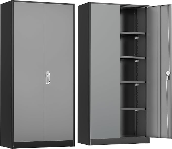 Metal Storage Cabinet with Lock,72" Steel Lockable File Locker Cabinet with Locking Doors and Adjustable Shelves, Storage Lockers for Office, Home, Garage, Gym, School (Black Grey)