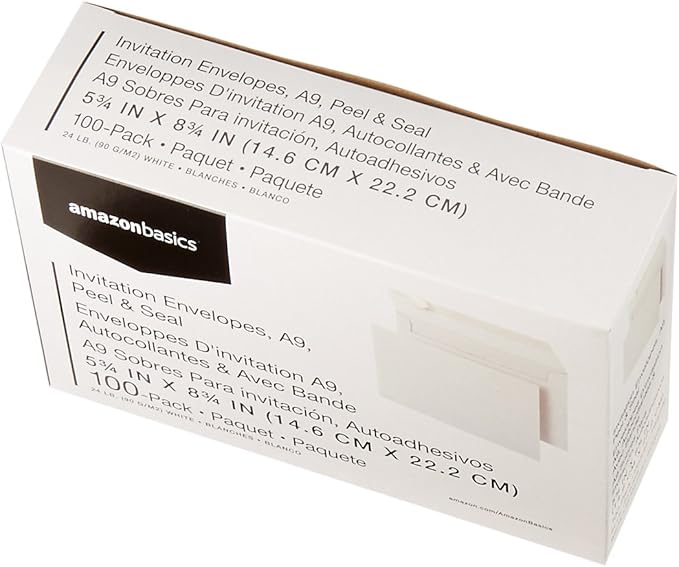 Amazon Basics A9 Blank Invitation Mailing Envelopes, Peel & Seal, No Licking, 5-3/4 x 8-3/4 Inches, White, Pack of 100