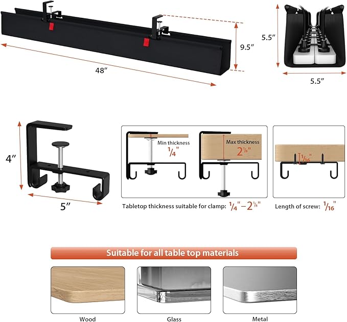Univivi No Drill Under Desk Cable Management Tray, 48 inch Cable Management | Clamp/Screw Mount Desk Cable Organizer, Premium Fabric Cable Management Tray, Large Capacity Cord Organizer for Office, Home