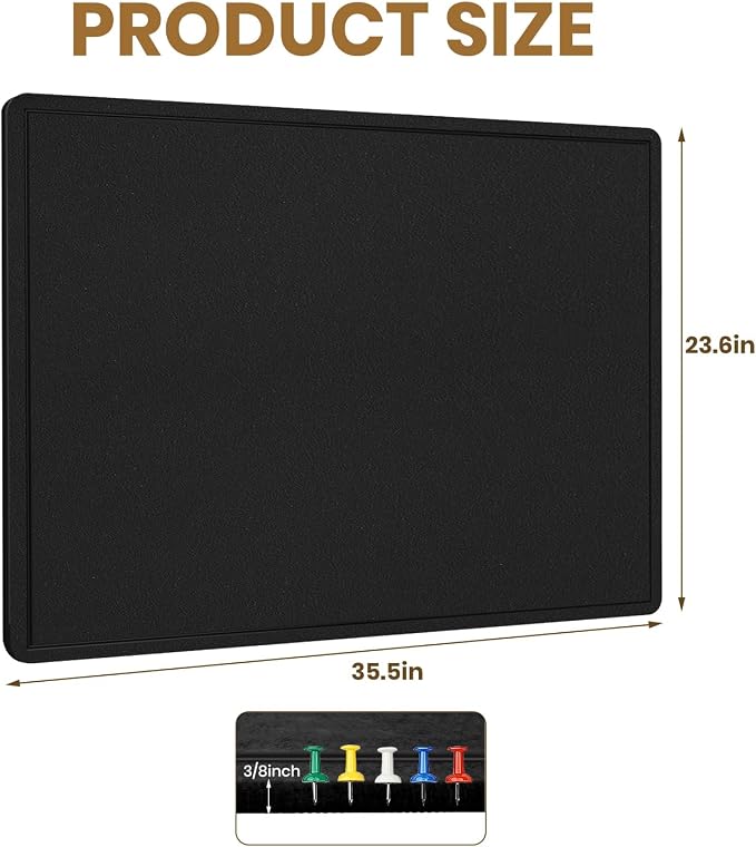 Bulletin Board 36" x 24" Felt Cork Board - Decorative Pin Board, Black | Cork Board Alternative for Wall, Foldable Self-Adhesive Vision Board Prayer Board with Pushpins for Home Office Classroom