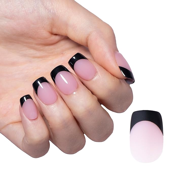 SXC Cosmetics French Tip Press On Nails 150 Pieces in 15 Sizes Ultra Fit with Pre-applied Tip Primer and Base Coat, No Need to File Fake Nails for Nail Art DIY X-Pro Tips (BLACK113-XS Square)