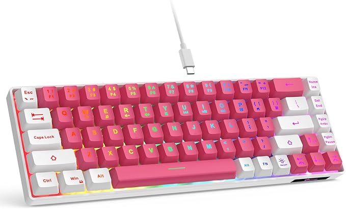 GEODMAER 65% Gaming Keyboard, LED Backlit Mini Wired Keyboard, Ultra-Compact Anti-Ghosting No-Conflict 68 Keys Membrane Gaming Wired Keyboard for PC Laptop Windows Gamer(Pink-White)