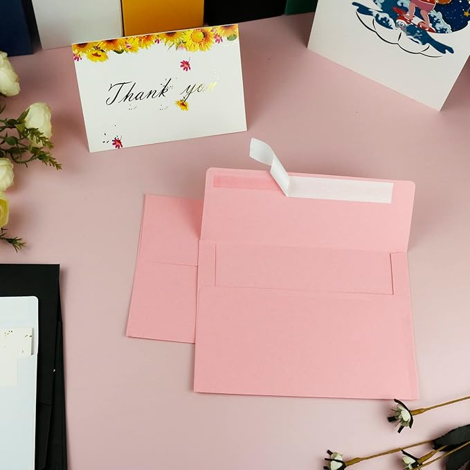 YINUOYOUJIA 50 Packs of A7 envelopes for invitation, 5x7 envelopes for Cards-Self Seal, Square Flap, Great for Wedding, Baby Shower, Mailing, Birthday Party (pink)