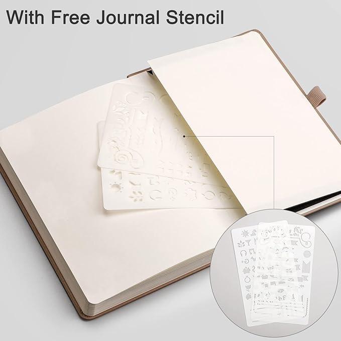 EMSHOI Dotted Journal Notebook, 256 Pages, 120 GSM Thick Paper, A5 Small 5.75"x8.38", PU Leather Hardcover, 5mm Dot Grid Notebook for Journaling, Planning, Drawing, Writing, Khaki