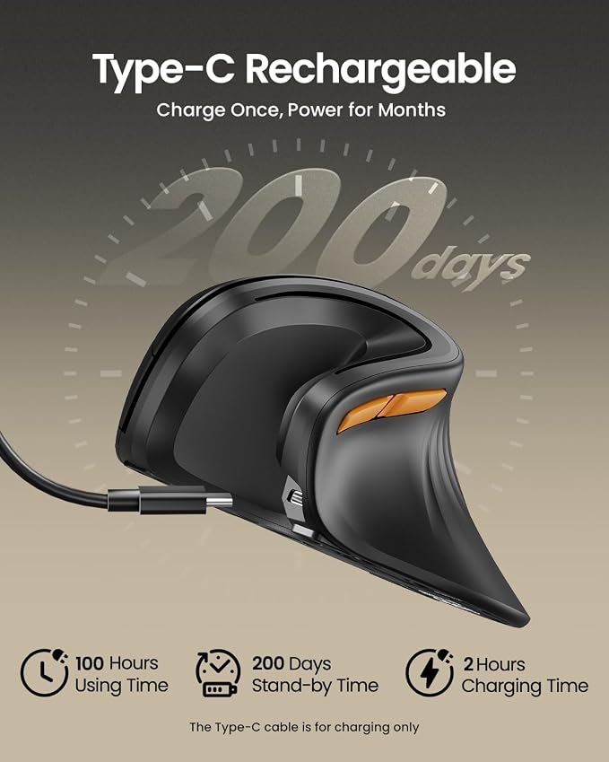 ProtoArc EM11 NL Wireless Ergonomic Vertical Mouse, Rechargeable, Black | 58° vertical design supports a natural wrist posture, connect 3 devices via Bluetooth/2.4G USB-A, 500mAh USB-C rechargeable.