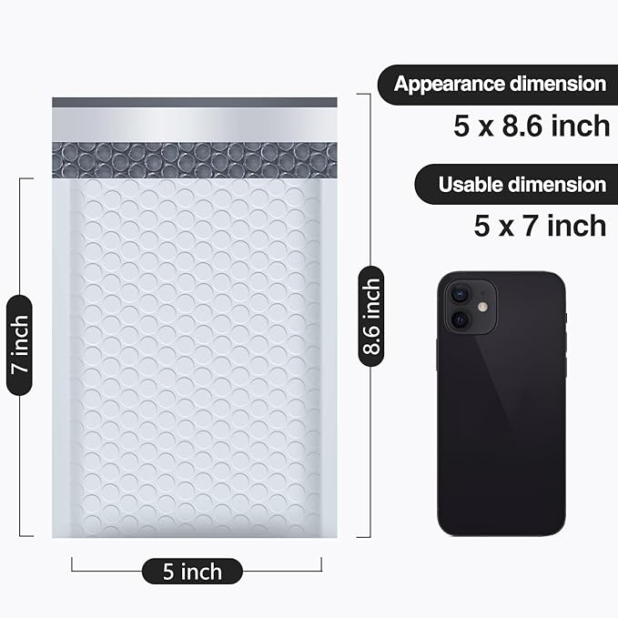 UCGOU Bubble Mailers 5x8.6 Inch Usable Size 5x7 Inch White 50 Pack Padded Envelopes Small Business Mailing Packages Self Seal Adhesive Waterproof Boutique Shipping Bags for Jewelry Makeup Supplies