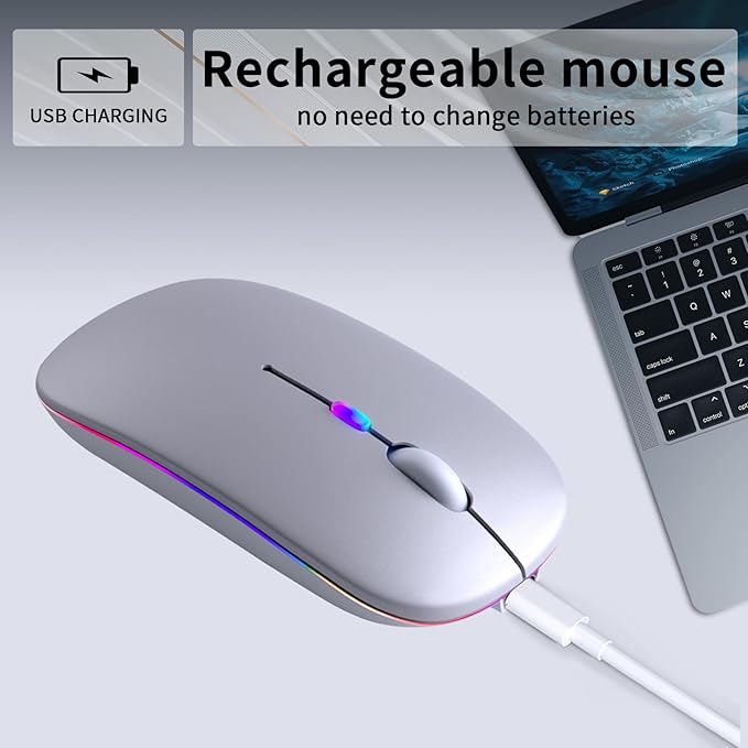 Wireless Bluetooth Mouse – Rechargeable, Silent, Dual Mode (Bluetooth 5.2 & USB) with LED Lights – Portable for Laptop, Desktop, & Tablet(Silver)