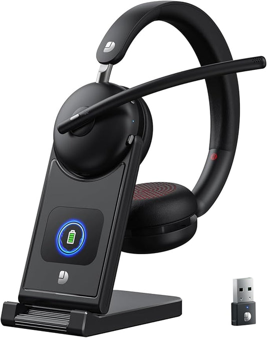 Wireless Headset with Mic for Work-Bluetooth 5.3 Headset with Microphone Noise Cancelling, Wireless Headsets with 65H Battery & 10Min Fast Charge, Smart Charging Dock for PC/Laptop/Team, Black