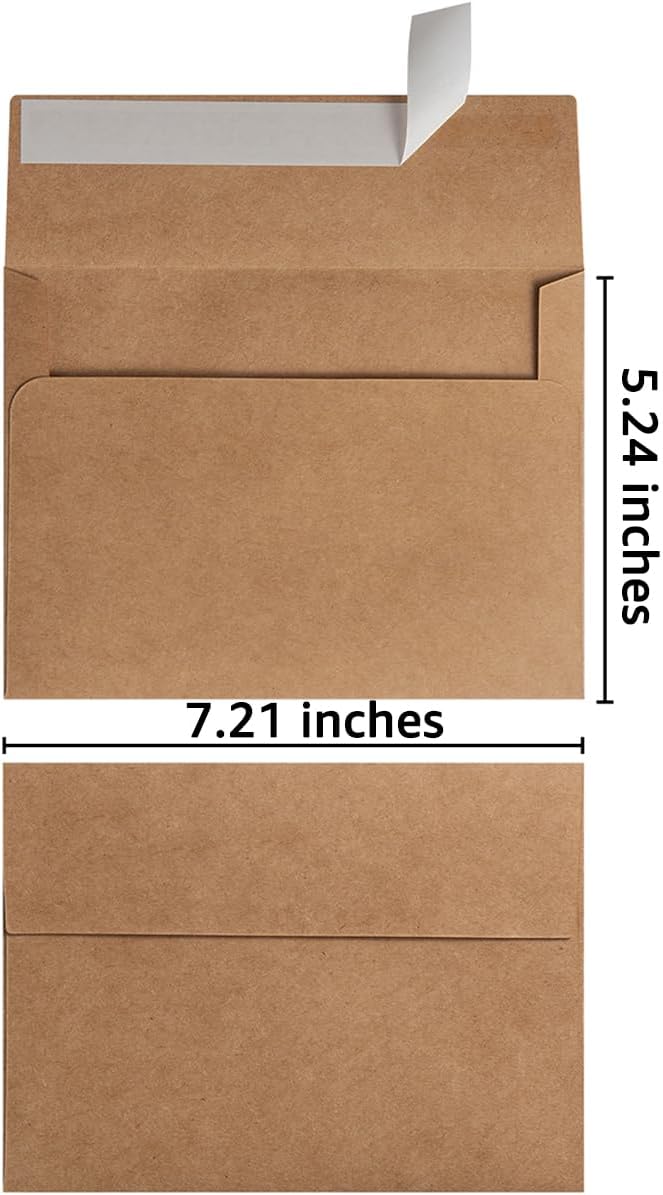100 Pack A7 Envelopes Self-Adhesive, 5.24 x 7.21 Inches, Brown | 5x7 Envelopes, For Invitations, 5x7 Greeting Cards