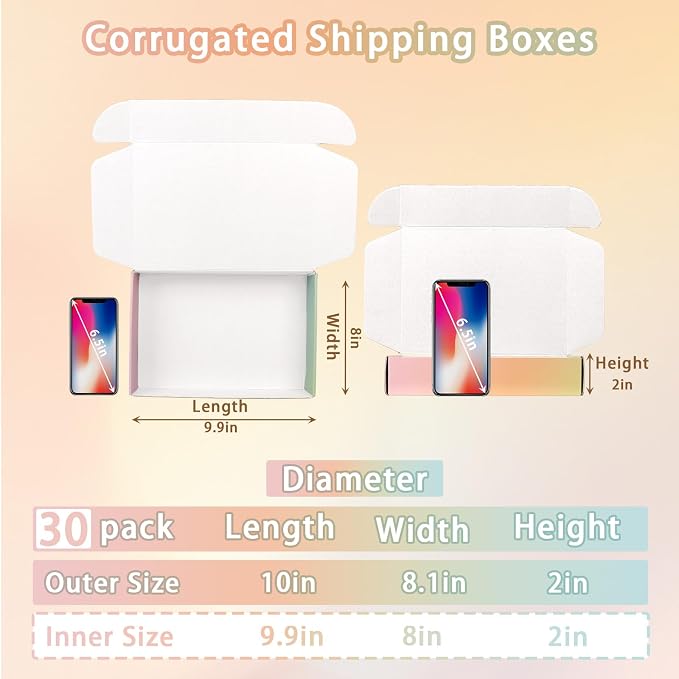 30 Pack 10x8x2 Colorful Shipping Boxes Medium, Mailing Cardboard Boxes for Packaging Small Business