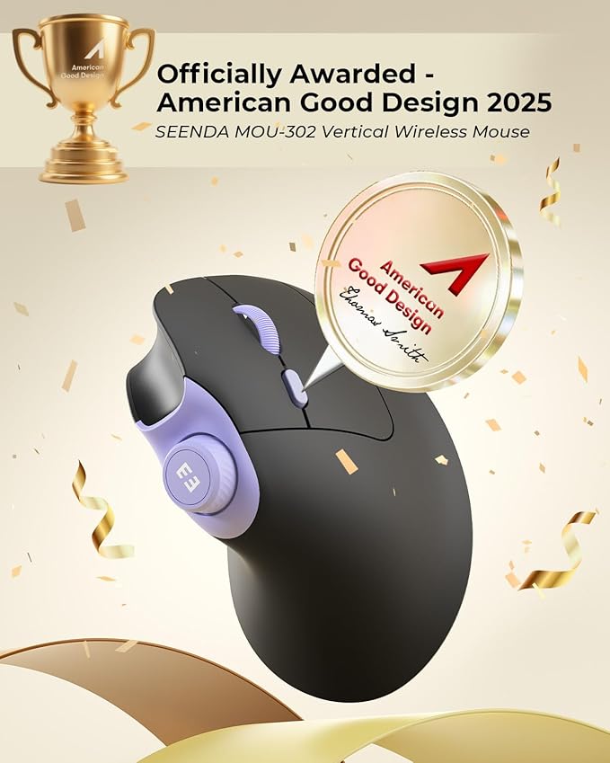 seenda Ergonomic Mouse Wireless, MOU-302 Bluetooth Vertical Mouse Rechargeable, Optical Mice with 1000/1600/2400 DPI, Volume Knob, 3 Multi-Device Connectivity for Computer/PC/Laptop/Mac, Black Purple