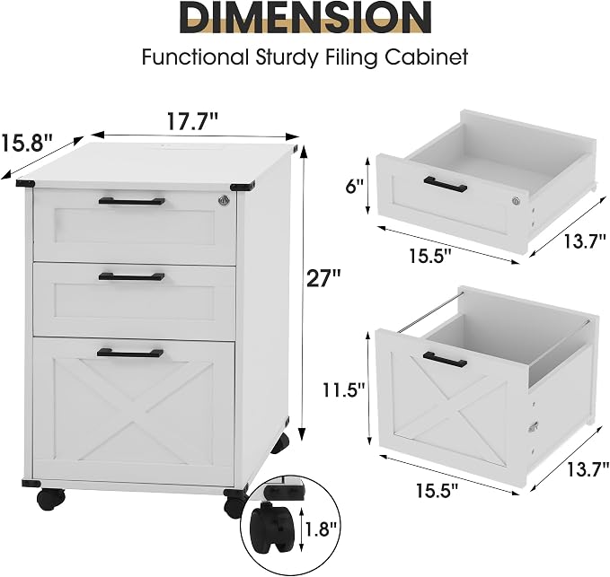 Onelike Small Wood File Cabinet with Charging Station and Lock, 3 Drawers | Built-in 2 AC, USB & Type-C; 1 lock secures 3 drawers; Nightstand, Printer stand and Mobile under-desk cabinet; White