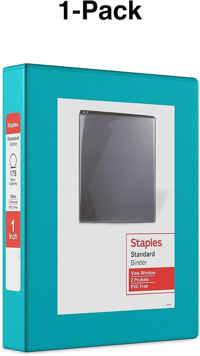 Staples Mini View Binder, 1-Inch 3-Ring, Compact, Teal, 175 Sheets | Compact size for notes, school, and small project organization.