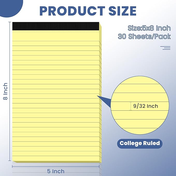 6pcs Small Note Pads, Yellow Notepads 5x8 College Ruled Notebook, Writing Pads 5 x 8, Legal Pads, Pad Paper Perforate Notebooks for Work, Message, School, Office Supplies,30 Sheets/Pack