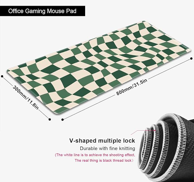 Sage Green Checkered Desk mat, Retro Boho Extra Large Mouse Pad, Abstract Wavy Desk Protector Pad, Minimal Pattern Aesthetic Writing Mat for Computer & Laptop Home Office, 31.5 X 11.8 in