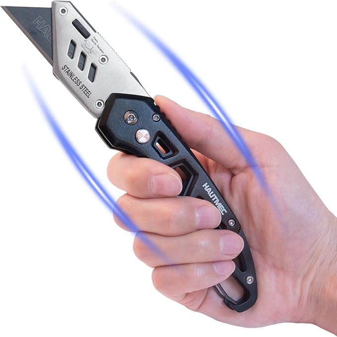 HAUTMEC Folding Utility Knife with 10-Pack SK2H Blades, Heavy-Duty Aluminum Box Cutter with Belt Clip, Quick-Change Blades, Safety Lock & Carabiner – HTUCH25002