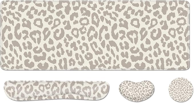 Cheetah Desk Pad and Keyboard Wrist Rest, Large Mouse Pad + Keyboard Pad+Mouse Wrist Support, Non-Slip Desk Mat Protector for Office, Home 31.5×11.8 Inches Leopard