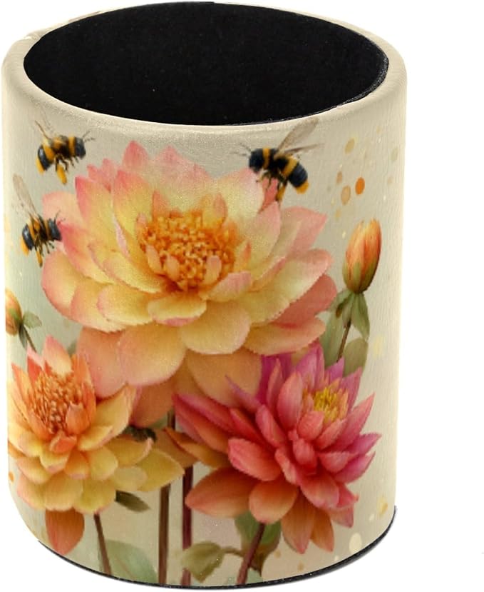 Leather Pen Holder for Desk, Watercolor Floral Pencil Cup Pen Organizer Makeup Brush Holder for Office Home Kids Countertop Desk Accessory Storage