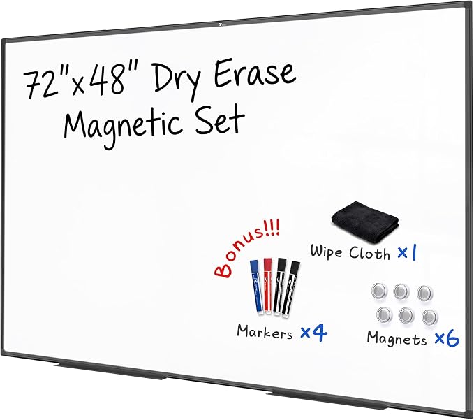 TOWON Magnetic Dry Erase Board 72x48 in, Aluminum Frame, Black Border | XL white board wall mounted with markers, pen tray, magnets and cleaning wipe for presentations