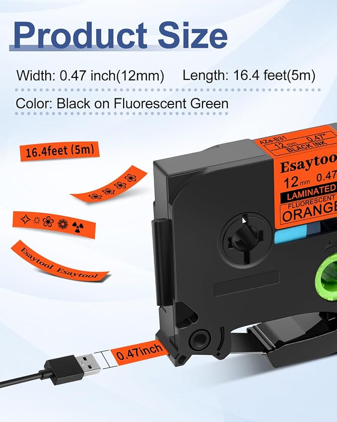 5 Pack Esaytool Replacement for TZe-B31 TZeB31 TZB31 12mm 0.47inch Black on Orange Fluorescent Laminated Compatible with P-Touch PT-D210 D220 H110 P710BT D450 D600 Label Marker