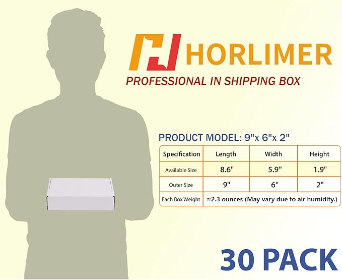 HORLIMER 9x6x2 Shipping Boxes Set of 30, White Corrugated Cardboard Mailer Box for Packing Small Business