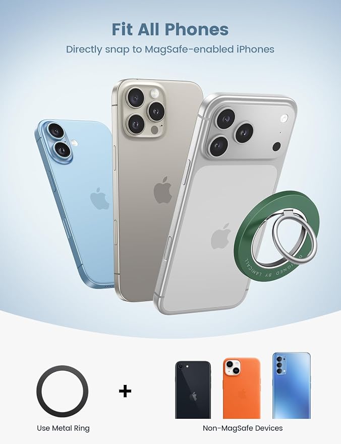 Lamicall Magnetic Phone Grip for MagSafe Accessories, Strong Magnet Ring | 360° Rotation, 1s Snap Finger Hand Holder, Stand Kickstand for iPhone 17 16 15 14 13 12 Pro Max Air, Green Mag Safe Decor