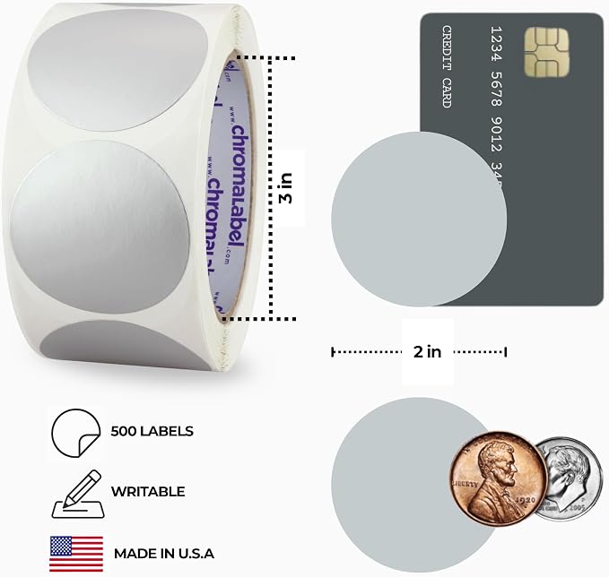 2 Inch Metallic Silver Round Sticker Labels, 500/Roll | 2" Silver Stickers for Color Coding, Inventory, Retail, Crafts, Packaging, Events and Office Organization. Made in USA
