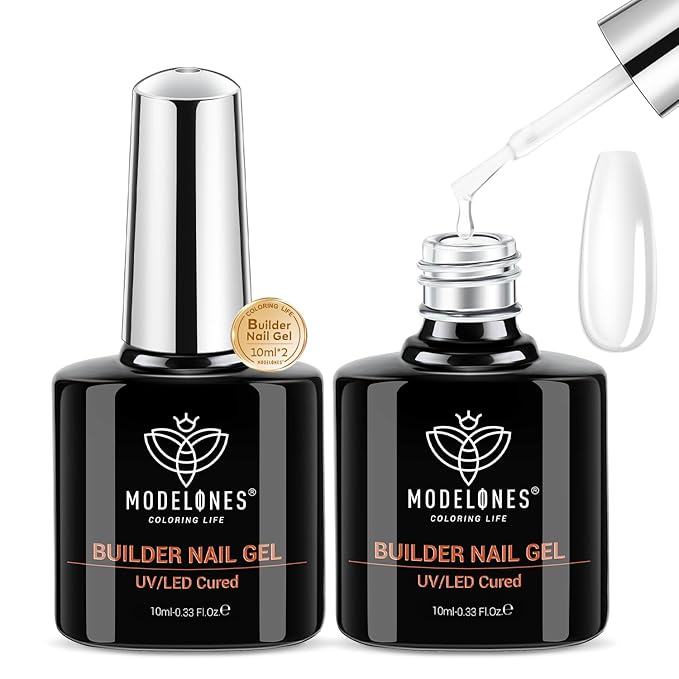modelones Builder Nail Gel, 2 Pcs Clear Builder Nail Polish, 8-in-One Rubber Color Base Hard Gel for Apex Building Thickening Strengthener Extension DIY Home Salon Gifts LED Lamp Cured 10ml