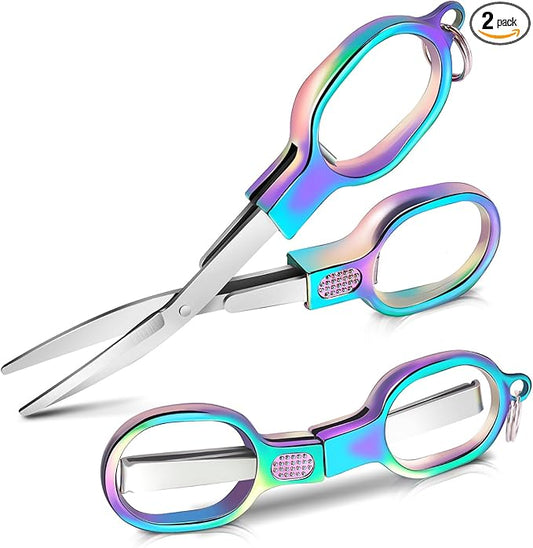 2PCS Folding Scissors, Color Stainless Steel Portable Travel Scissors, Foldable Pocket Badge Mini Small Scissor with 2 Key Ring, Gift for Men Safety Scissor for Outdoor, Fishing, Sewing, Home, Office