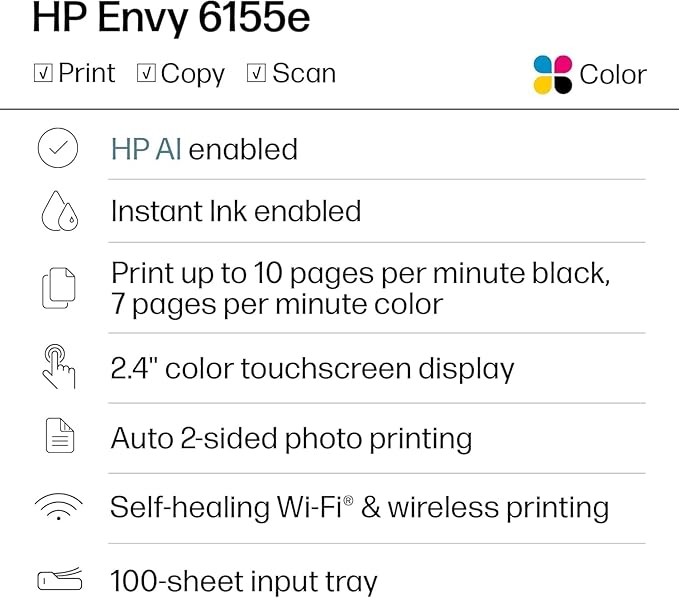HP Envy 6155e Wireless All-in-One Color Inkjet Printer, Portobello, Print, scan, Copy, Duplex Printing Best-for-Home, AI-Enabled (714L5A) (Renewed Premium)